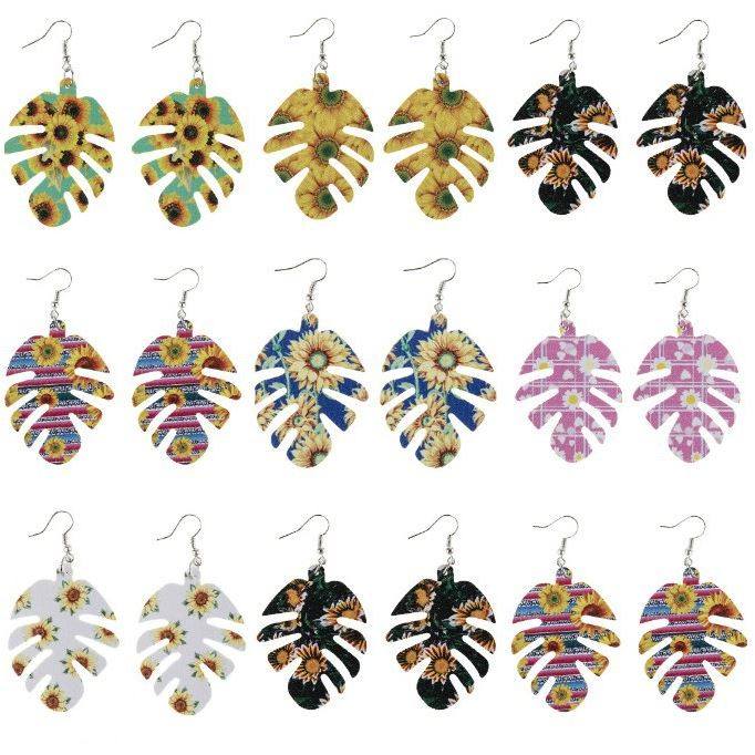 In-Stock Banana Leaf Sunflower Leather Earrings Fishbone Hollow Statement Jewelry