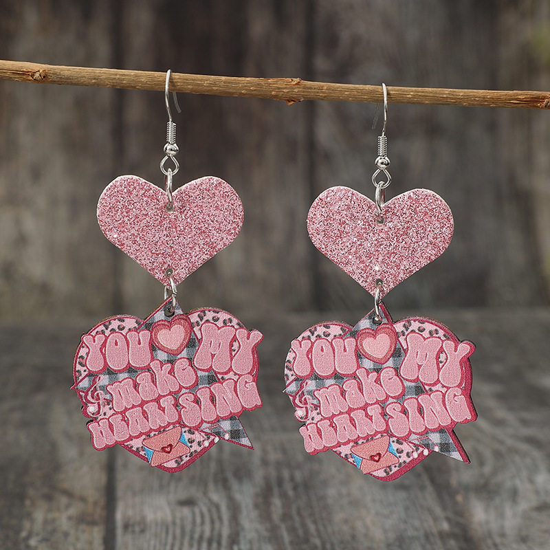 3E3C Pink Sequined Heart Earrings | Cute Letter Dangle Leather Earrings for Sweet Fashion Style