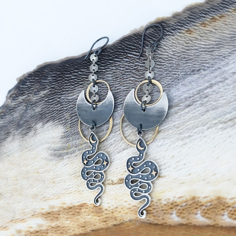 Vintage Geometric Moon Phase Distressed Dangle Earrings Western Oversized Snake Star Crescent Jewelry
