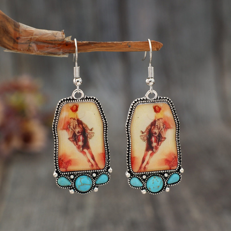 Vintage Geometric Printed Animal Epoxy Alloy Earrings | Bohemian Turquoise Jewelry