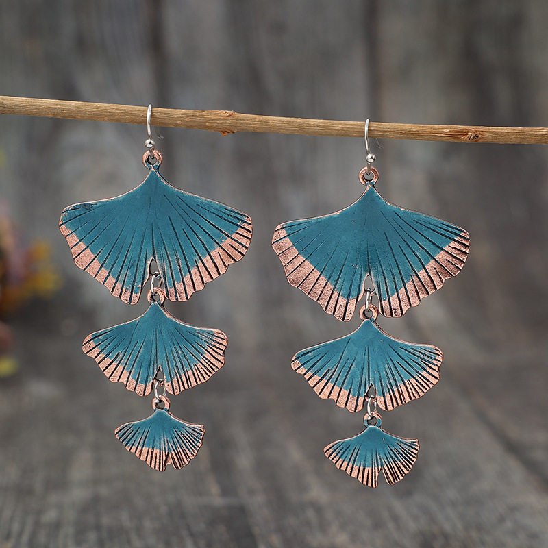 3E3C Bohemian Vintage Ginkgo Leaf Multi-Layer Alloy Earrings | Retro Statement Dangle Jewelry for Women