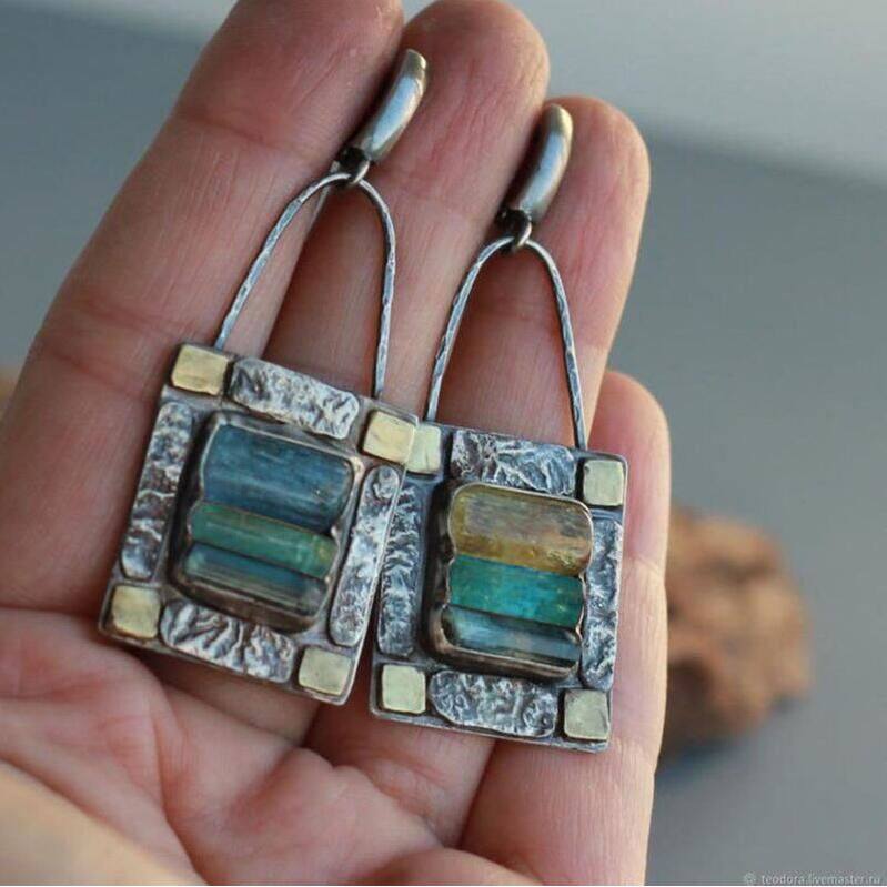 Vintage Tribal Green Blue Crystal Earrings Distressed Large Geometric Lock Zircon Dangle Earrings