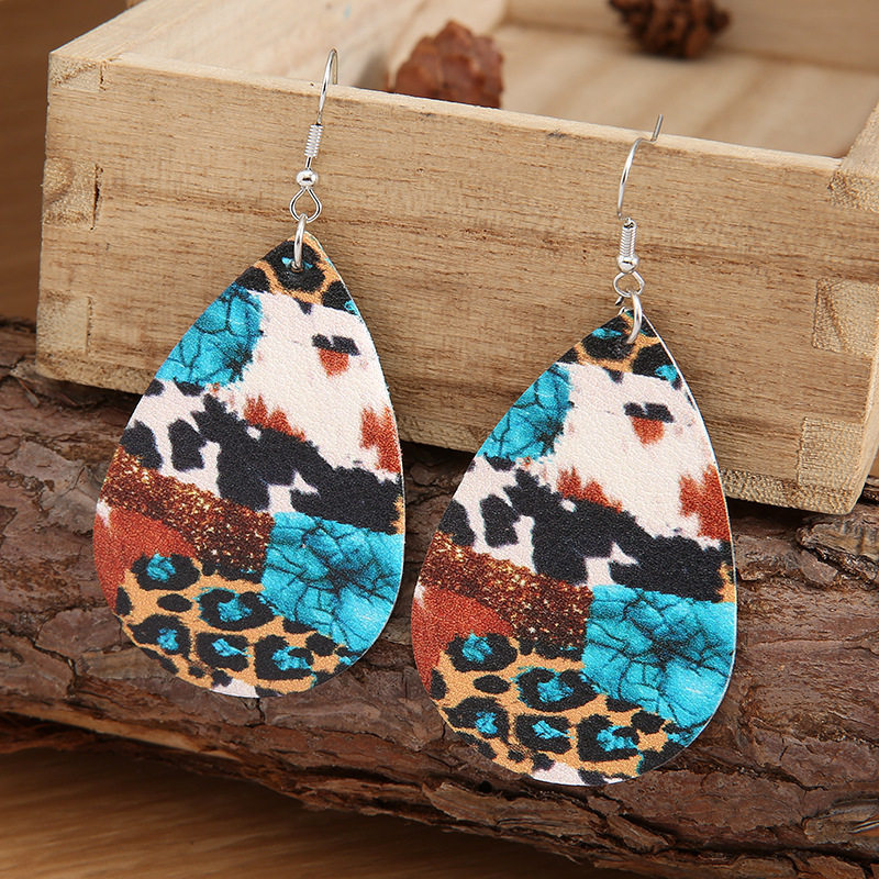 Retro Cow Leopard Print Leather Earrings & Western Turquoise Pattern PU Drop Earrings