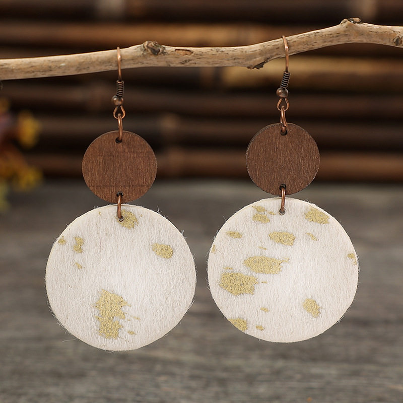 Creative Round Furry Patchwork Wood Slice White Leather Earrings Fashion Jewelry