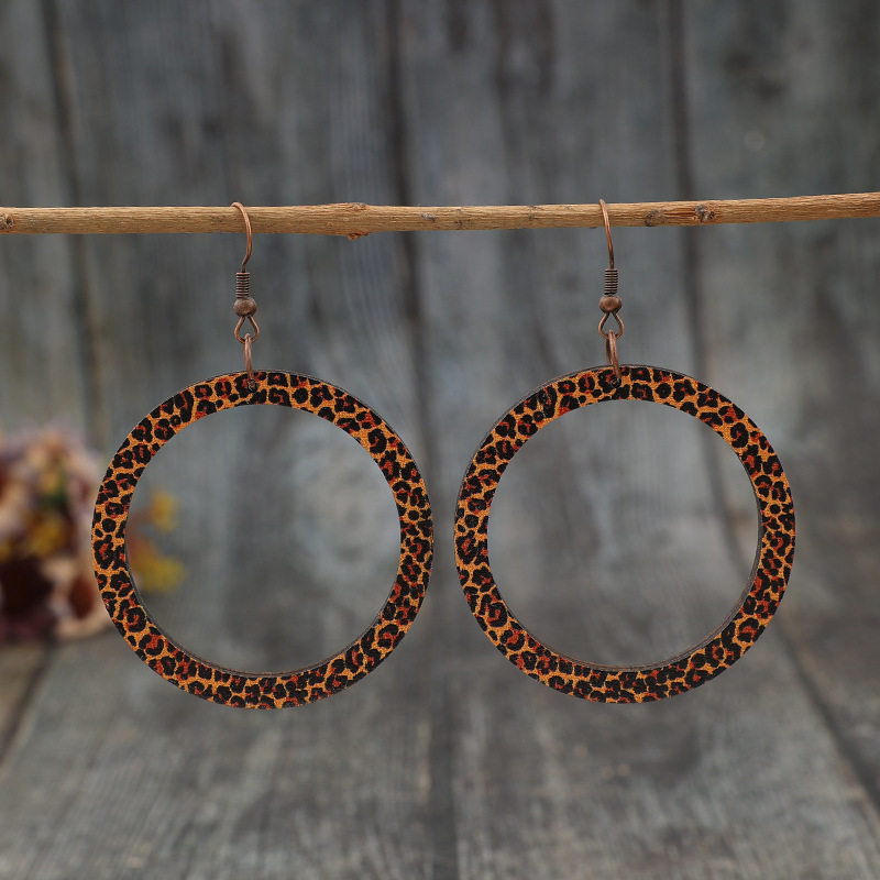 Stylish Minimalist Geometric Round Printed Leopard Print Retro Wooden Earrings | Fashion Jewelry