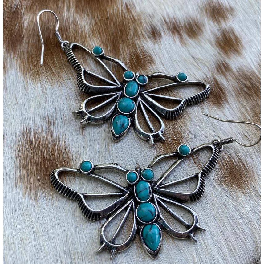3E3C Vintage Turquoise Butterfly Earrings | Western Hollow Oversized Butterfly Dangle Drop Earrings