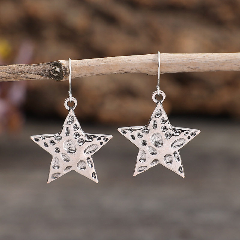 Vintage Hammered Texture Star Drop Earrings Minimalist Western Style Jewelry