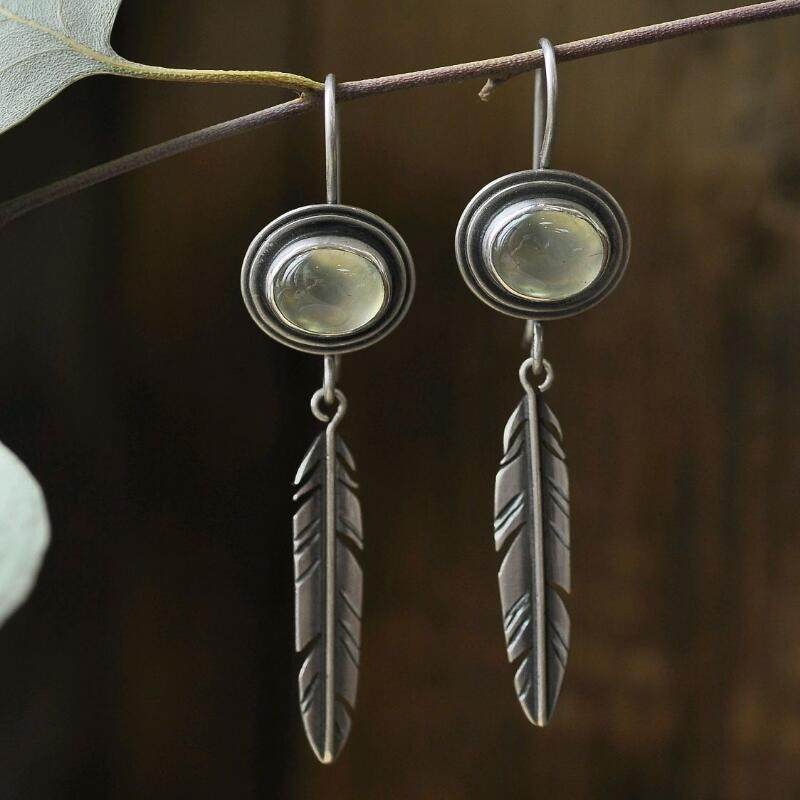 Vintage Minimalist Cat’s Eye Feather Drop Earrings