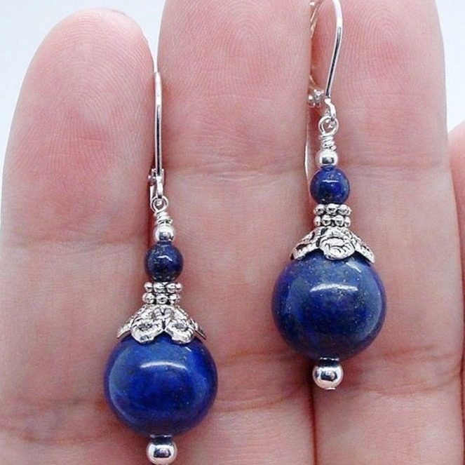 3E3C Shell Bead & Lapis Lazuli Earrings | 8-12mm Round Beaded Drop Pendant Earrings