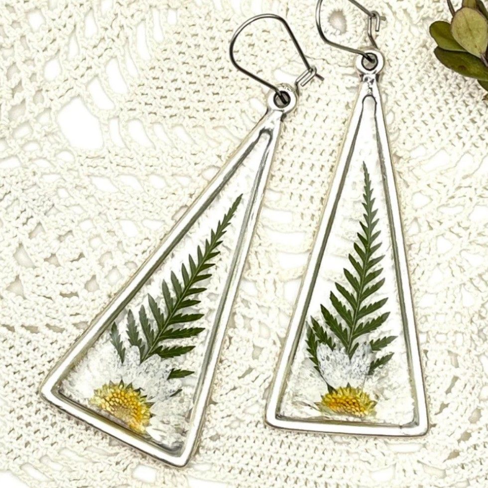 Vintage Printed Leaf Flower Triangle Epoxy Alloy Long Earrings | Fashion Jewelry