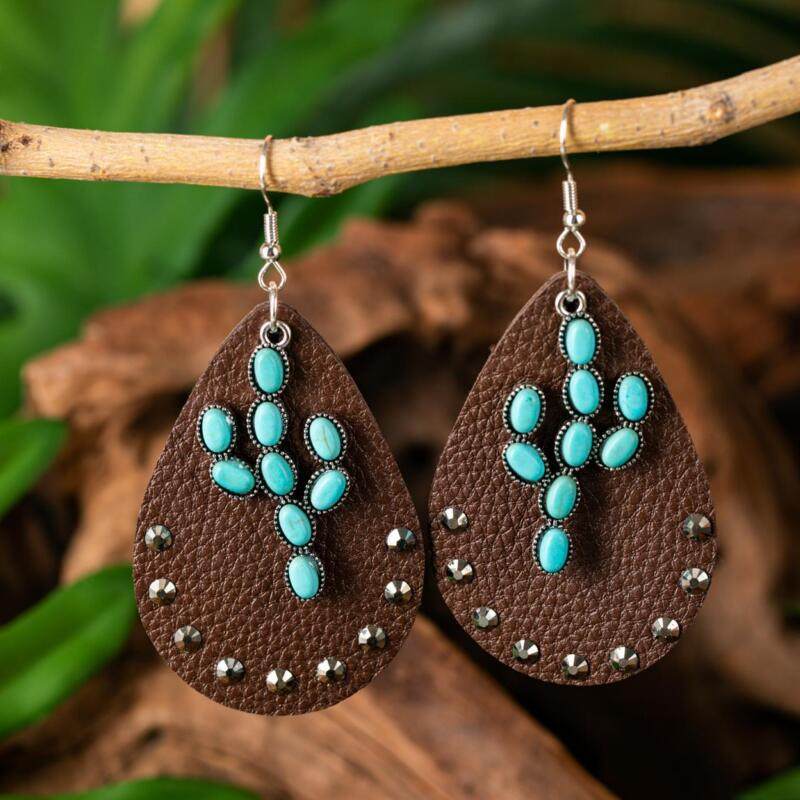 Ethnic Style Bold Alloy Turquoise Feather Earrings Unique Leather Rhinestone Studded Dangles