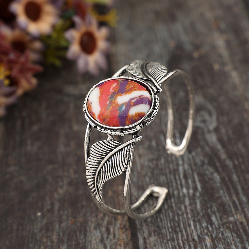 Vintage Colorful Turquoise-Inlaid Hollow Pattern Leaf Alloy Open Cuff Bracelet | Creative Jewelry