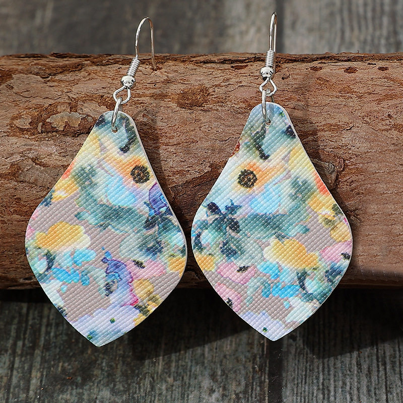 3E3C Vintage Teardrop Earrings | Oil Painting Pattern Wooden Statement Dangle Earrings for Retro Style