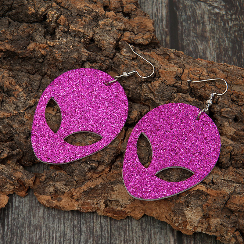 Edgy Alien Mask Double-Sided Leather Earrings Futuristic Sequined Statement Jewelry
