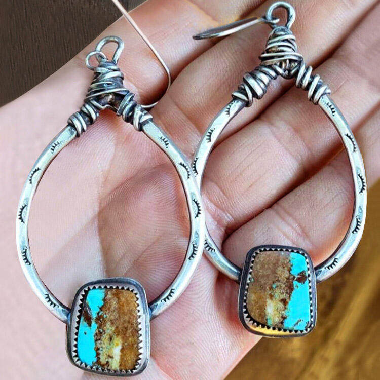 Bohemian 925 Vintage Turquoise Earrings Western Creative Eyelash Hand Large Teardrop Dangle Jewelry