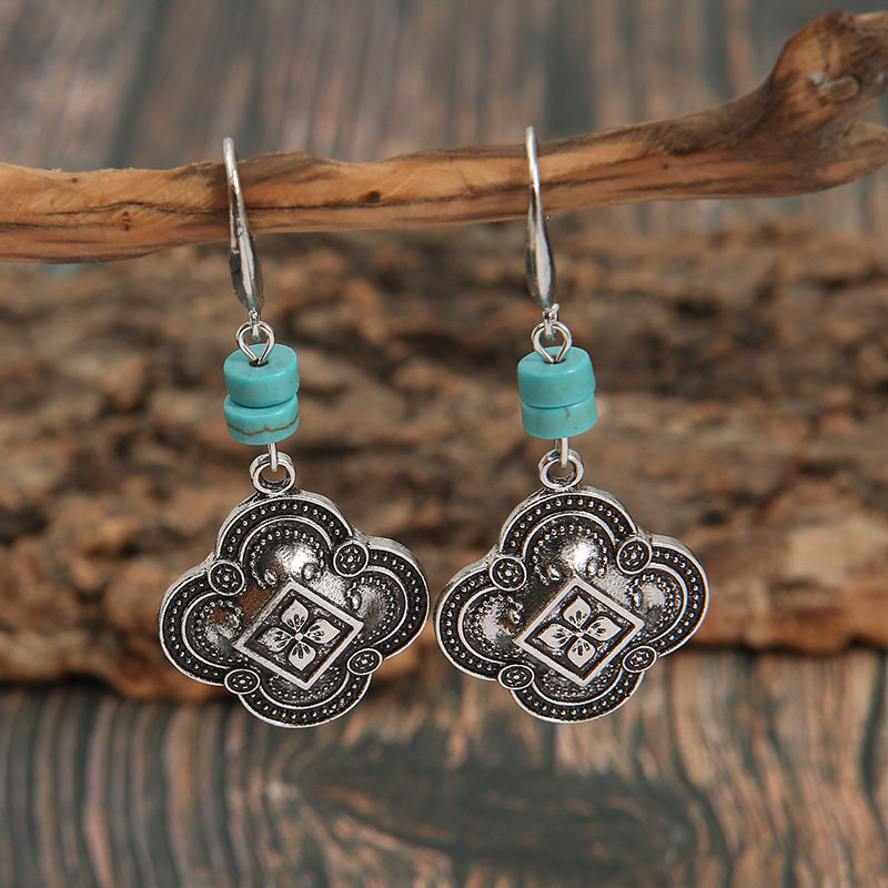 Bohemian Beaded Turquoise Earrings Vintage Auspicious Carved Drop Jewelry for Women