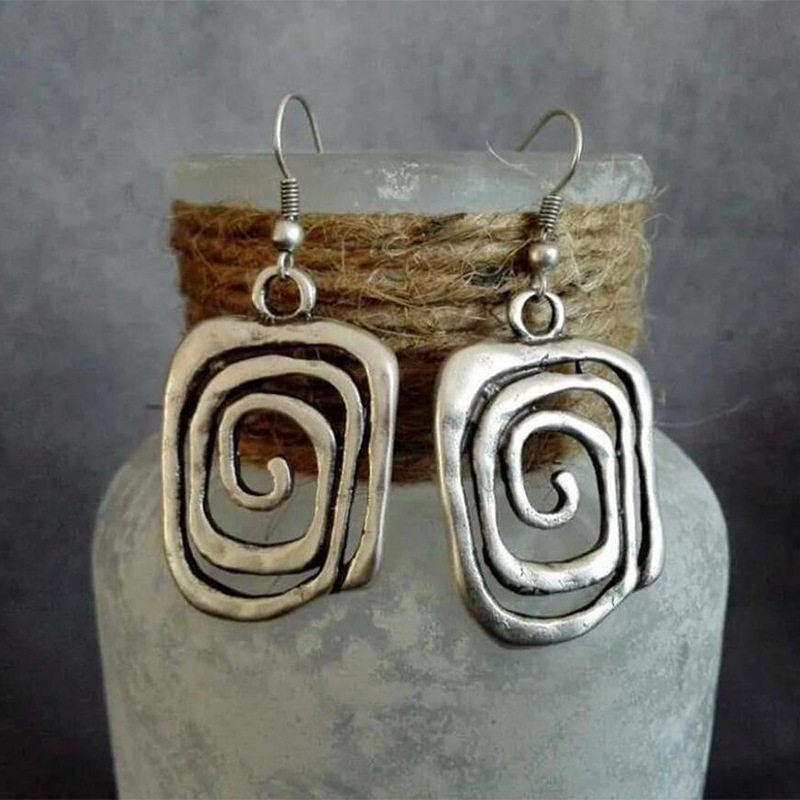Unique Spiral Hollow - out Square Alloy Earrings | Creative Vintage Swirl Dangle Earrings