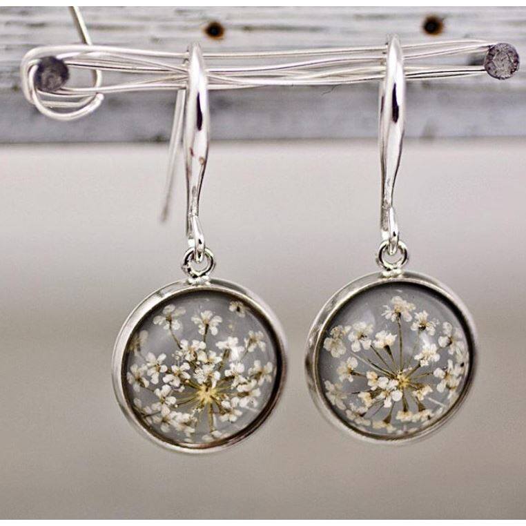 Vintage Pressed Flower Earrings Western Time Gem Crystal Ball Dangle Jewelry