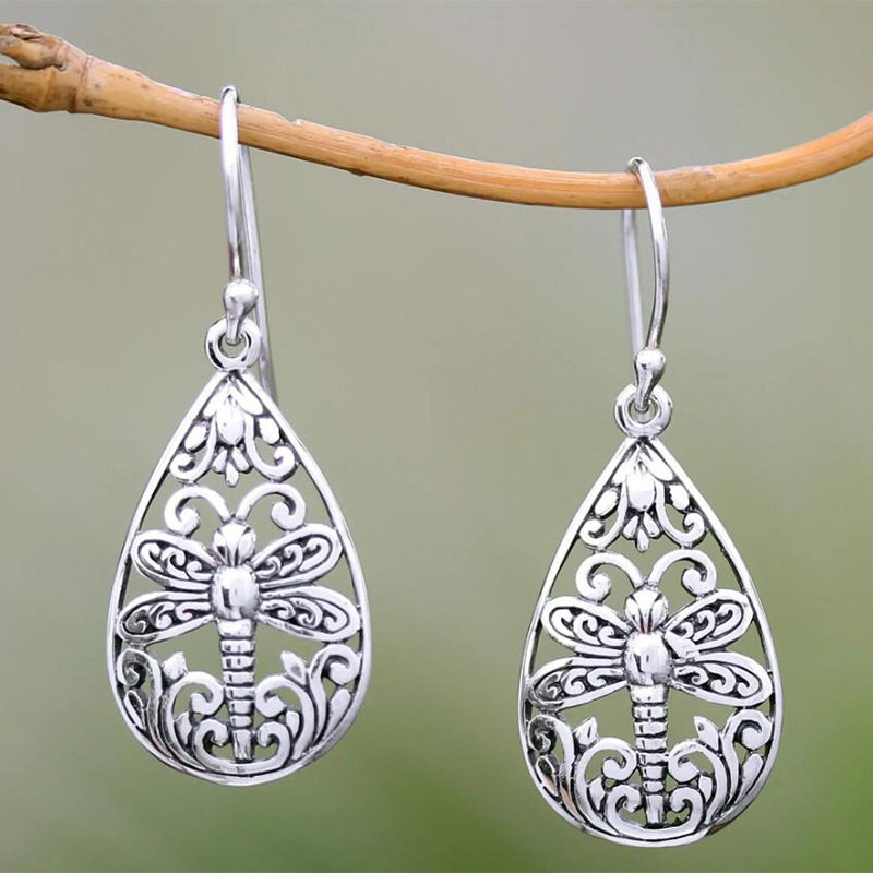 3E3C Vintage Hollow Dragonfly Earrings | Ethnic Style Carved Teardrop Statement Dangle Earrings