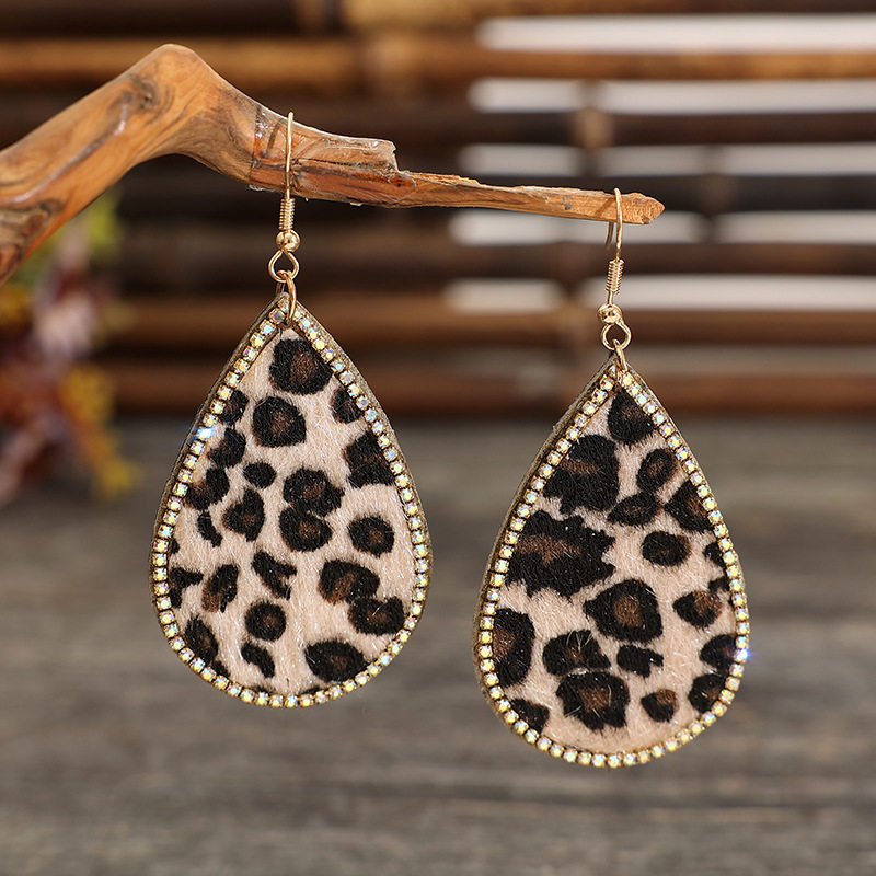 3E3C Vintage Western Earrings | Teardrop Horsehair Real Leather Leopard Print Rhinestone Statement Dangle Earrings