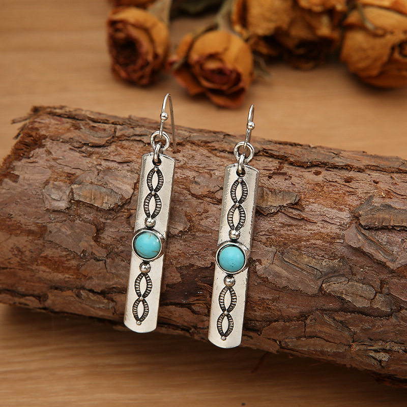 Bohemian Long Carved Eyelash Lace Alloy Earrings Ethnic Style Turquoise Inlaid Jewelry