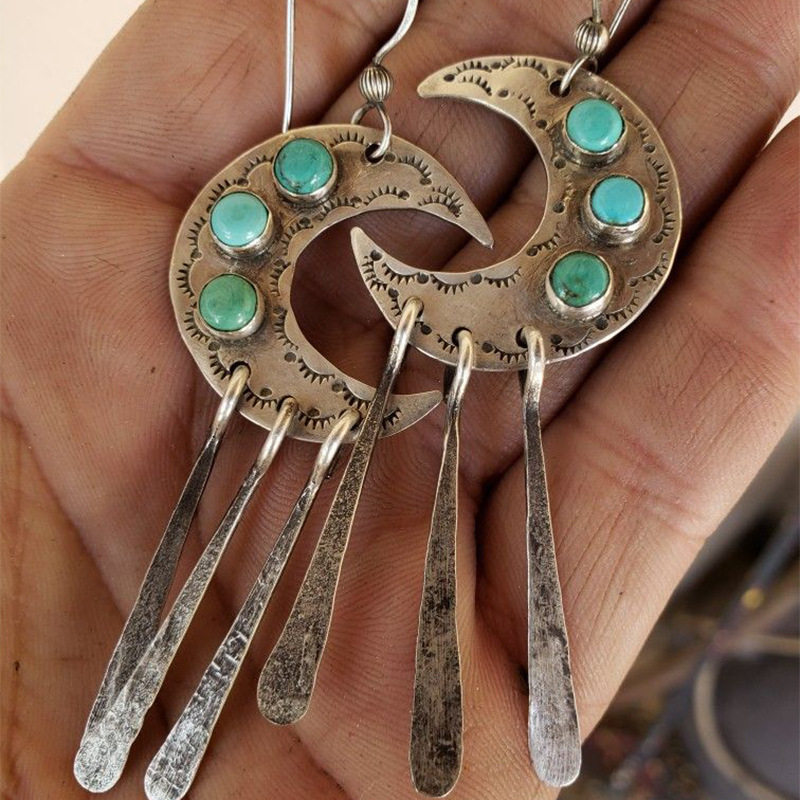 Western Vintage Crescent Eyelash Lace Earrings Distressed Turquoise Tassel Drop Earrings for Women