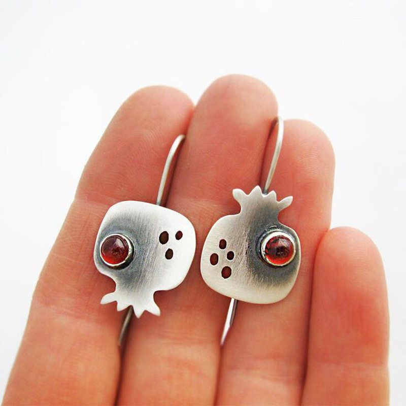 Vintage Ethnic Style Thai Silver Earrings Western Retro Red Zircon Statement Jewelry