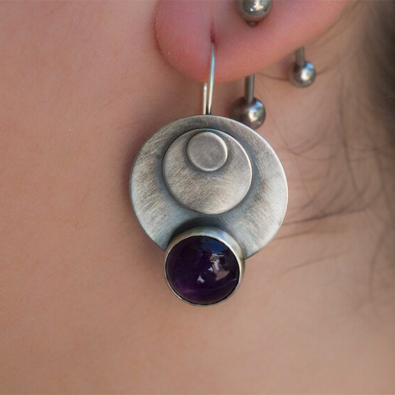 Vintage Geometric Round Alloy Ear Cuffs | Minimalist Purple Gem-Inlaid Women's Jewelry
