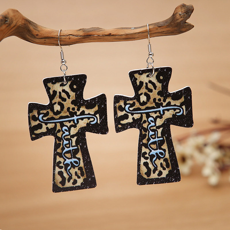 European and American independent station new retro AliExpress new western style leopard print cross leather earrings