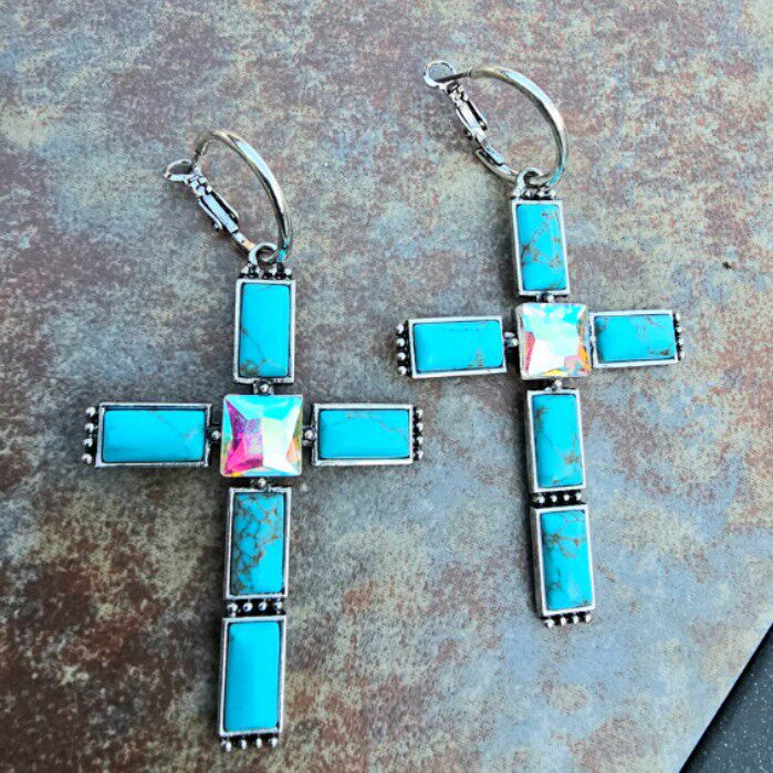 Vintage Cross Turquoise-Inlaid Earrings | Bohemian Long Dangle Jewelry