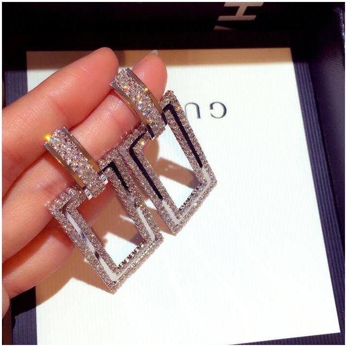 Dramatic Geometric Rectangle Full Diamond Earrings Elegant Long Dangle Jewelry for Women