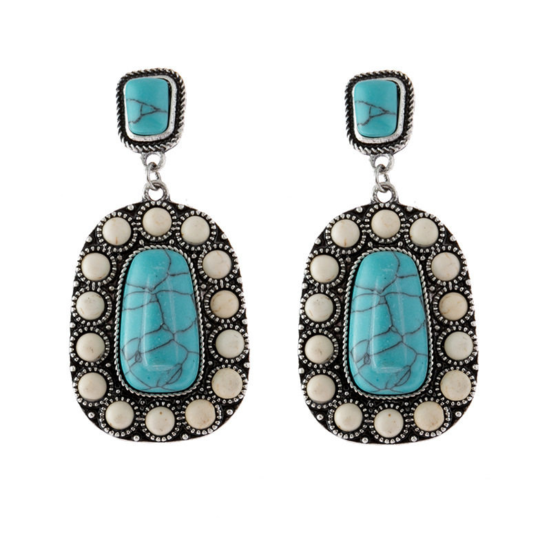 925 Silver Plated Vintage Turquoise Earrings European American Trendy Turquoise-Embedded Oversized Dangles