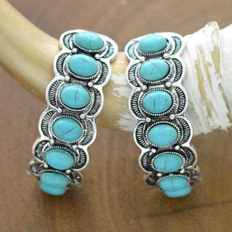 Western Style Turquoise Earrings Vintage Stylish Geometric Oversized Hoop Studs
