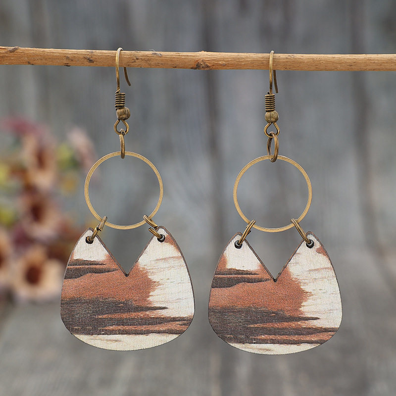 Vintage Geometric Wood Slice Patchwork Alloy Circle Wooden Earrings | Bohemian Jewelry