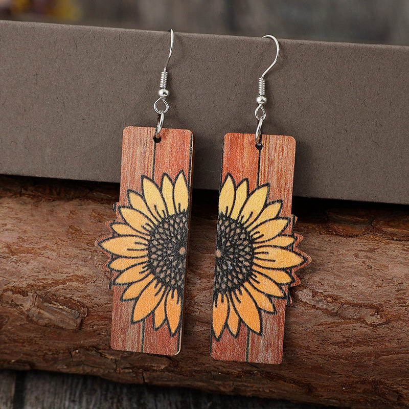 3E3C Vintage Artistic Sunflower Earrings | Handcrafted Wooden Statement Dangle Earrings