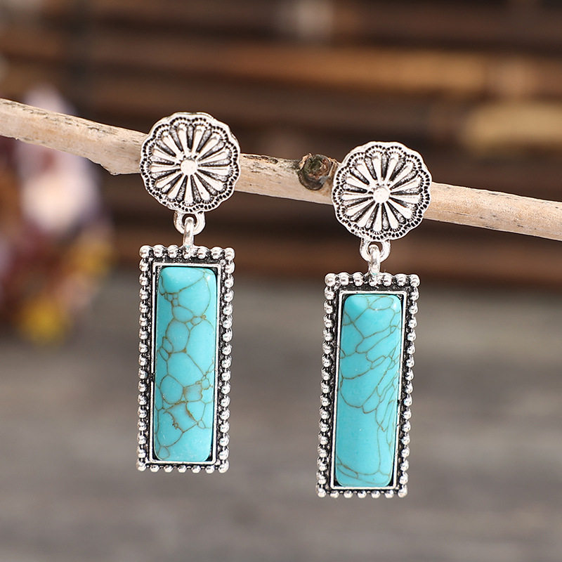 Western Cowboy Square Turquoise Stud Earrings | Vintage Metal Gemstone Statement Jewelry for Women