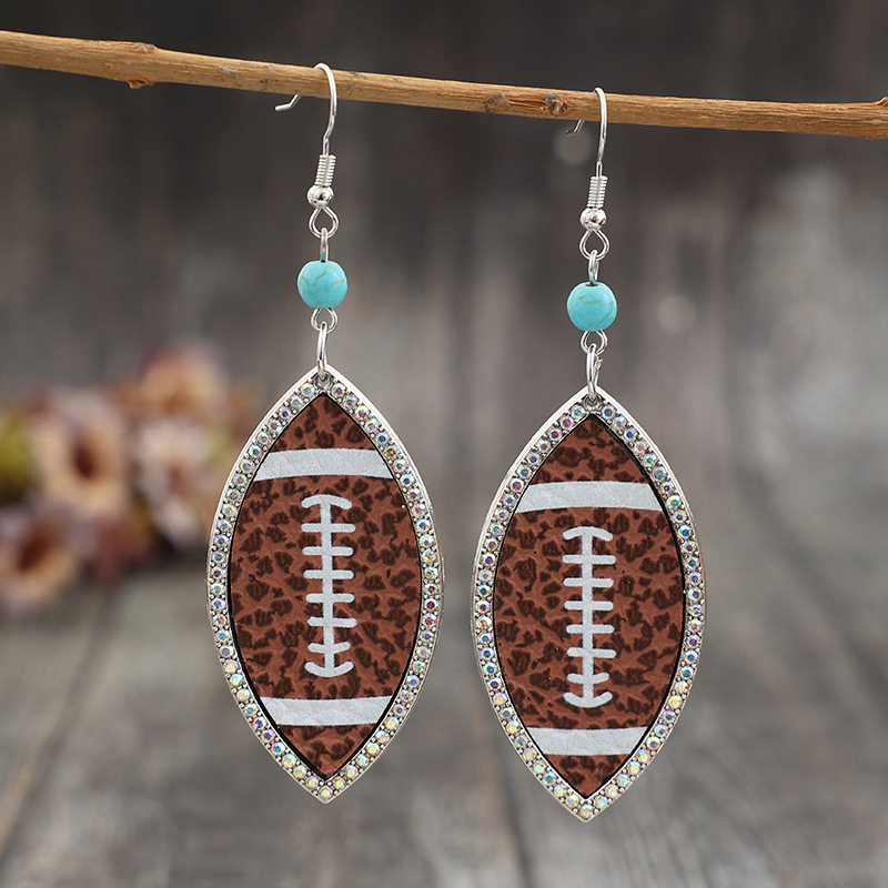 Vintage Super Bowl Football Rhinestone-Inlaid PU Leather Glass Alloy Earrings | Sports Themed Jewelry