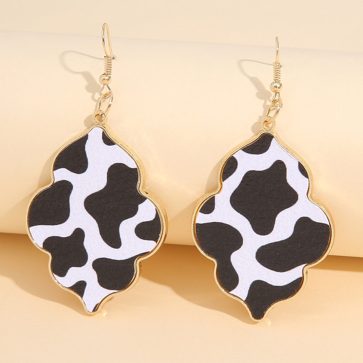 Stylish Geometric Cow-Print Leather Patch Alloy Earrings Edgy Western Jewelry for Women