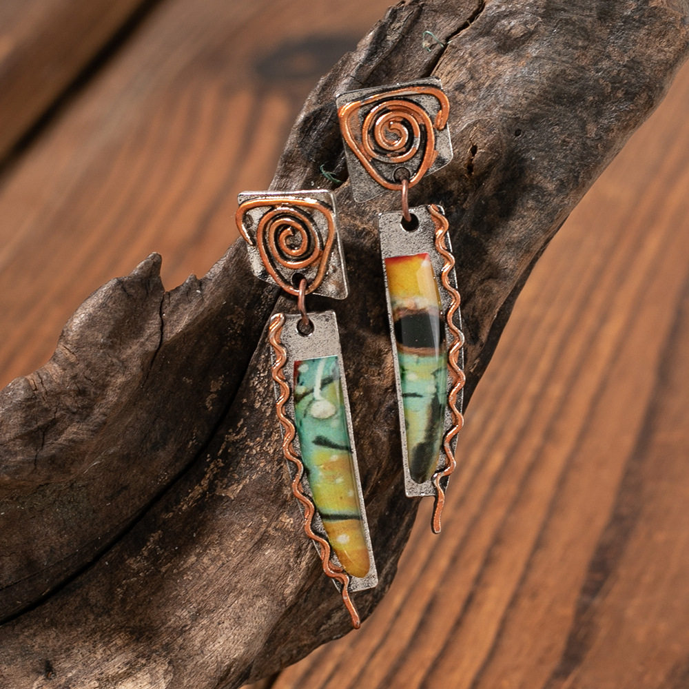 3E3C Vintage Bohemian Earrings | Spiral Colorful Glass Polymer Copper Statement Dangle Earrings