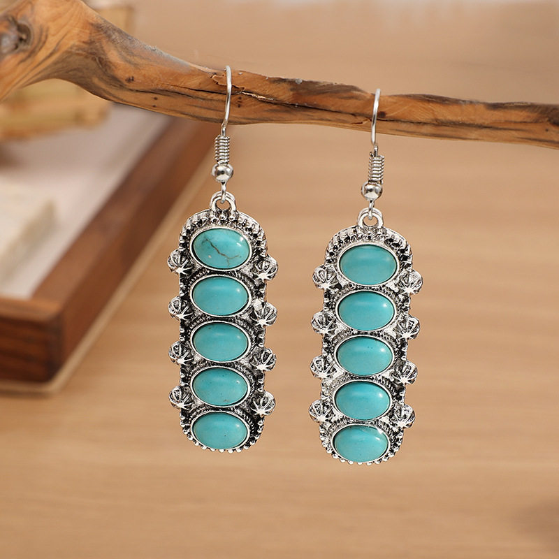 Ethnic Style Geometric Carved Turquoise Earrings Vintage Thai Silver Creative White Turquoise Jewelry