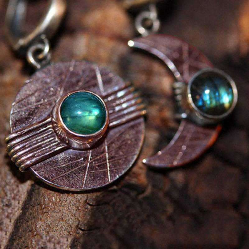 Vintage - Style Asymmetric Earrings | Crescent Moon in Antique Copper & Round Blue Moonstone