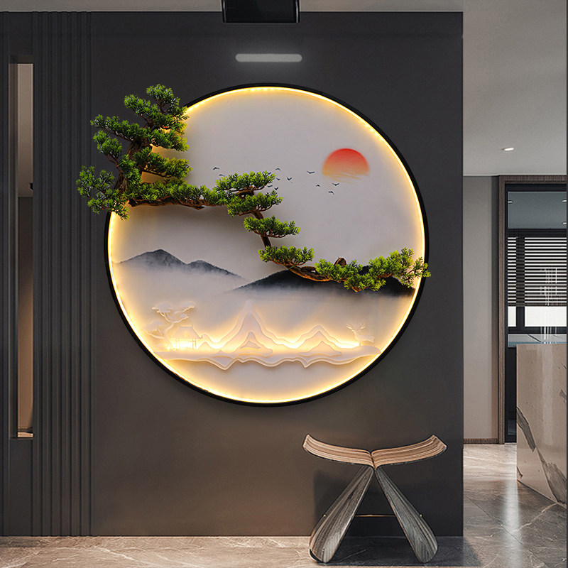 New Chinese style welcome pine living room background wall pendant exhibition hall wall hanging porch TV background wall round wall decoration