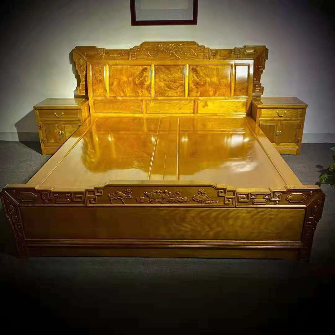 Golden Silk Nanmu Double Man Bed Furniture Innate Clear Solid Wood Handmade Small Leaf Zhen Double Bed Wedding Wedding Engagement Classical Home Innate