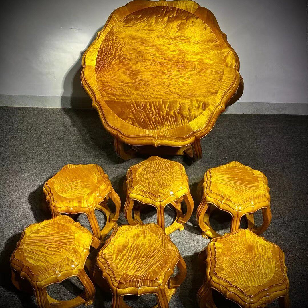 Gold Silk Nanwood Casual Table And Chairs Combined Living Room Balcony Reception Guests Small Round Table Imitation Ancient Solid Wood Tea Table Table