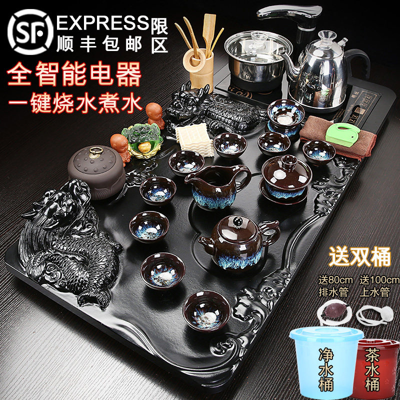 Fully automatic induction cooker solid wood tea tray integrated tea set home living room complete set of kung fu big tea sea bubble tea table