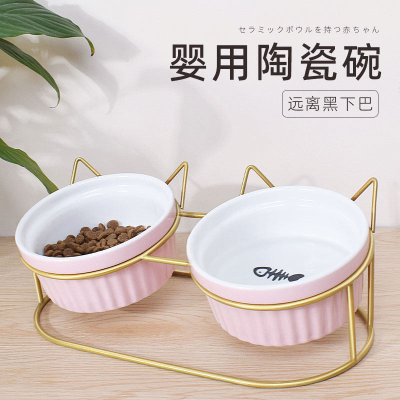 High foot ceramic cat bowl protects cervical puppy bowl double bowl pet dog cat cat pot anti-overturns