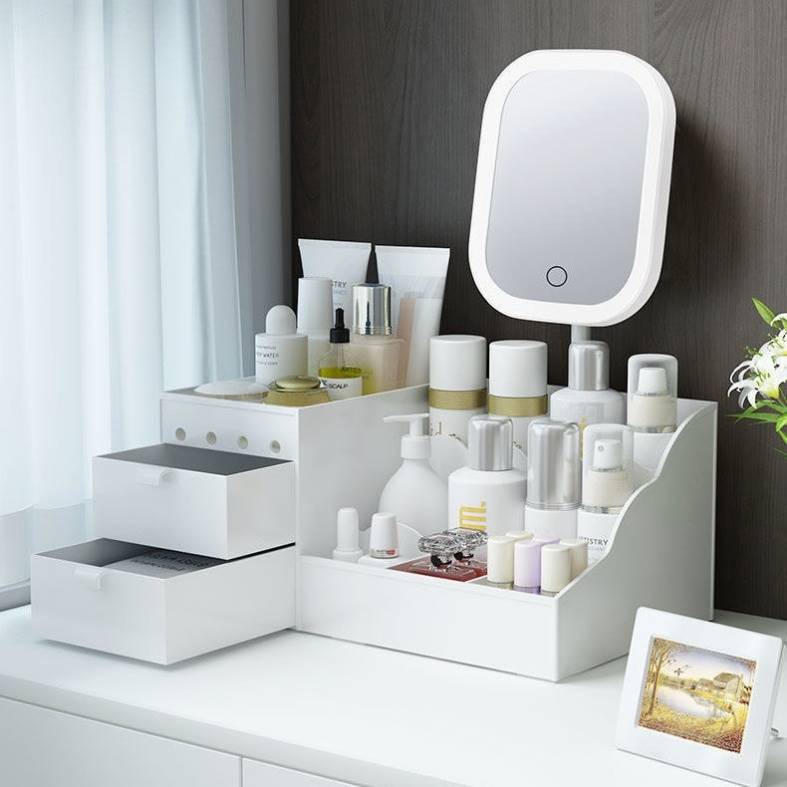 Cosmetic storage box with mirror integrated LED light drawer skin care products desktop finishing lipstick rack