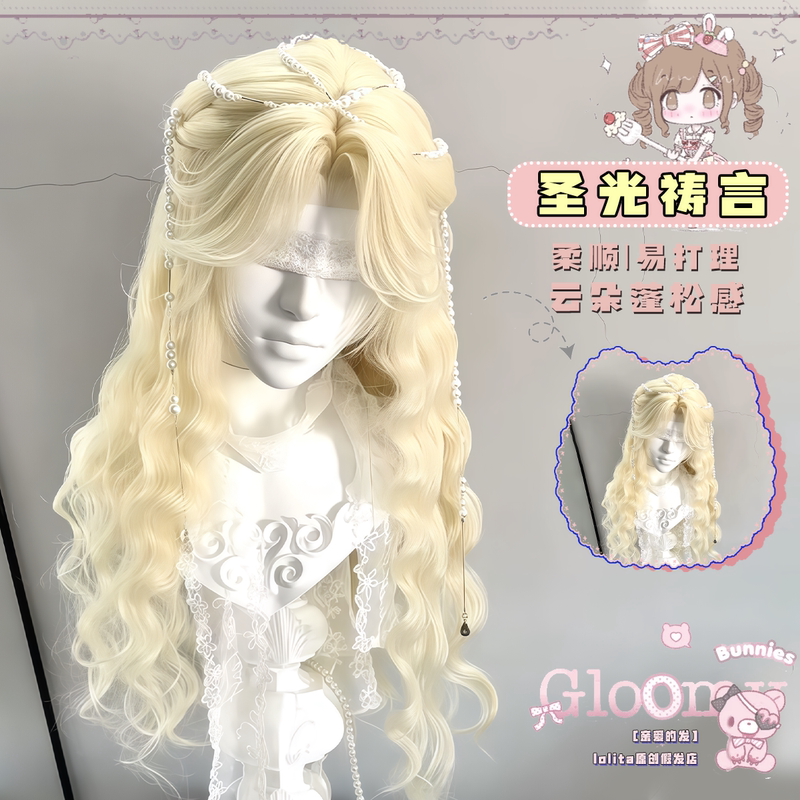 Light Golden Lolita Wig with Center Parting, Large Waves, Doll-Like Long Curly Hair, Vintage Cla Vibe, Full Head Wig Light Golden Lolita Wig with Center Parting, Large Waves, Doll-Like Long Curly Hair, Vintage Cla Vibe, Full Head Wig