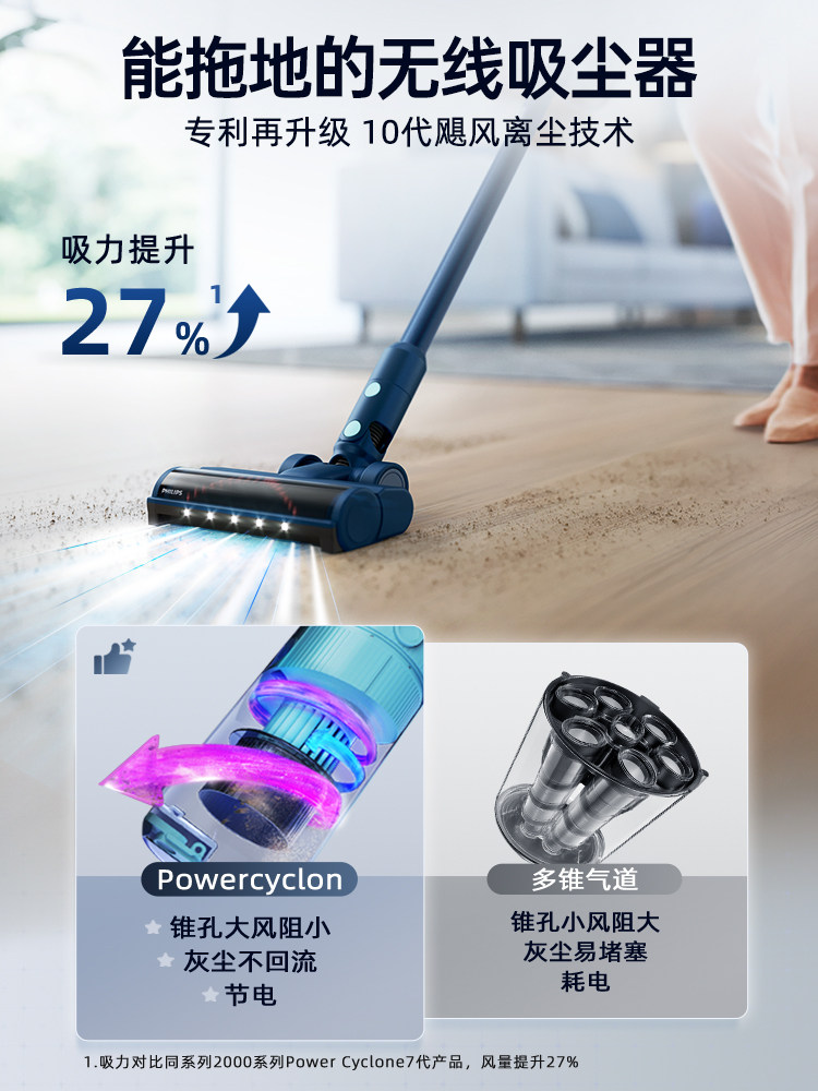 Philips Vacuum Cleaner for Home Use, Large Suction Power, All-In-One Suction and Mopping, Small Wireless Handheld Vacuum Cleaner for Initial Cleaning 5141