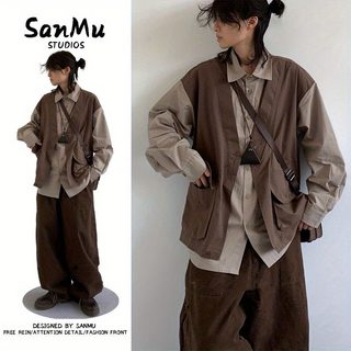 Two-piece set of spring and autumn japanese retro maillard long-sleeved fake two-piece work shirts for men and women contrasting color splicing shirts